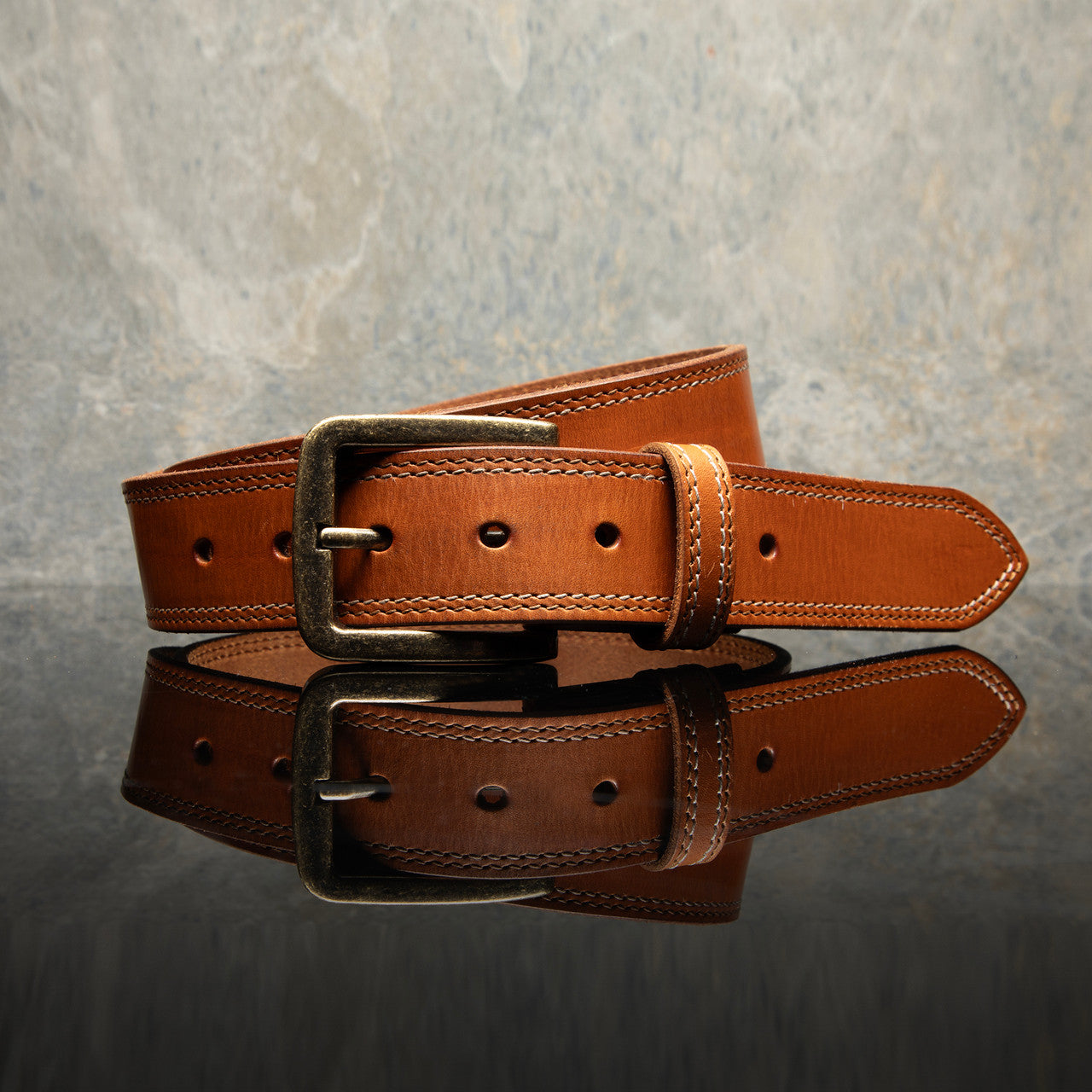 Double Stitch Vegetable Tanned Leather Belt - Cognac