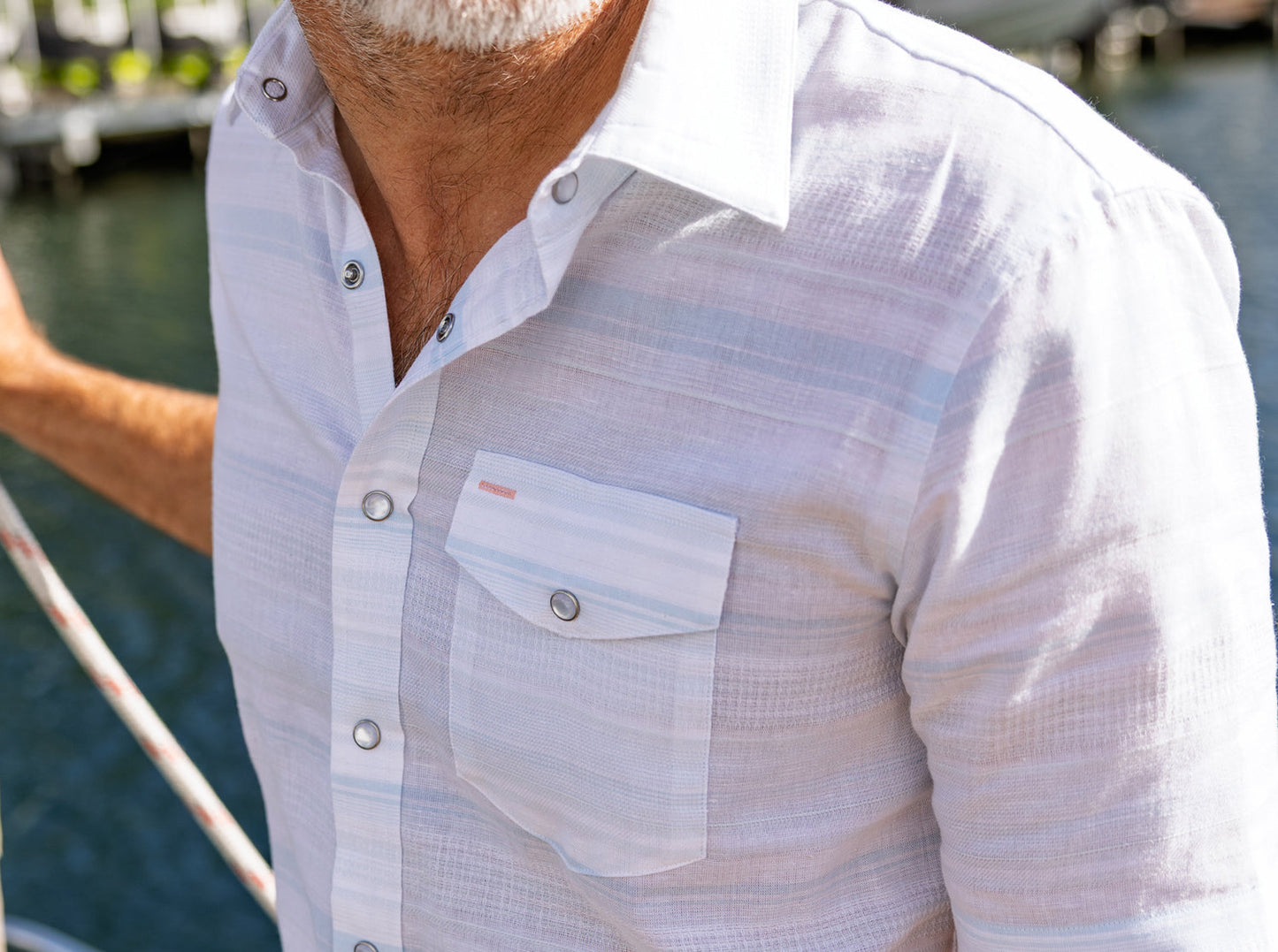 Criquet Hemp Stripe Pearl Snap - Light Blue