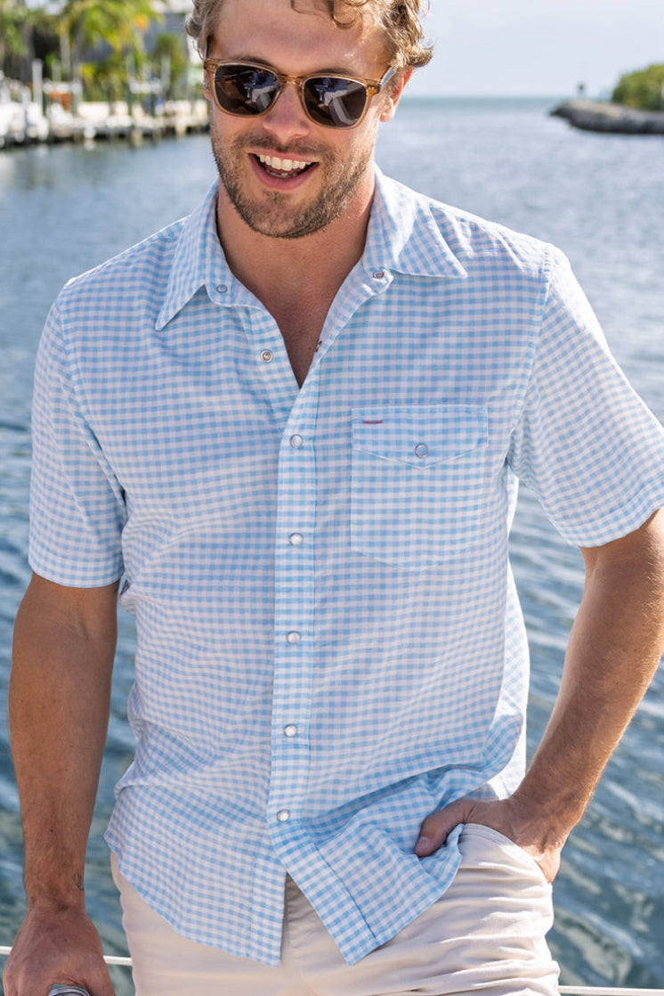 Criquet Corduroy Gingham Print Short Sleeve Pearl Snap - Sky