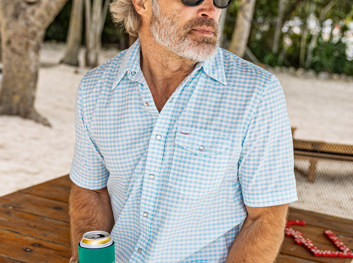 Criquet Corduroy Gingham Print Short Sleeve Pearl Snap - Sky