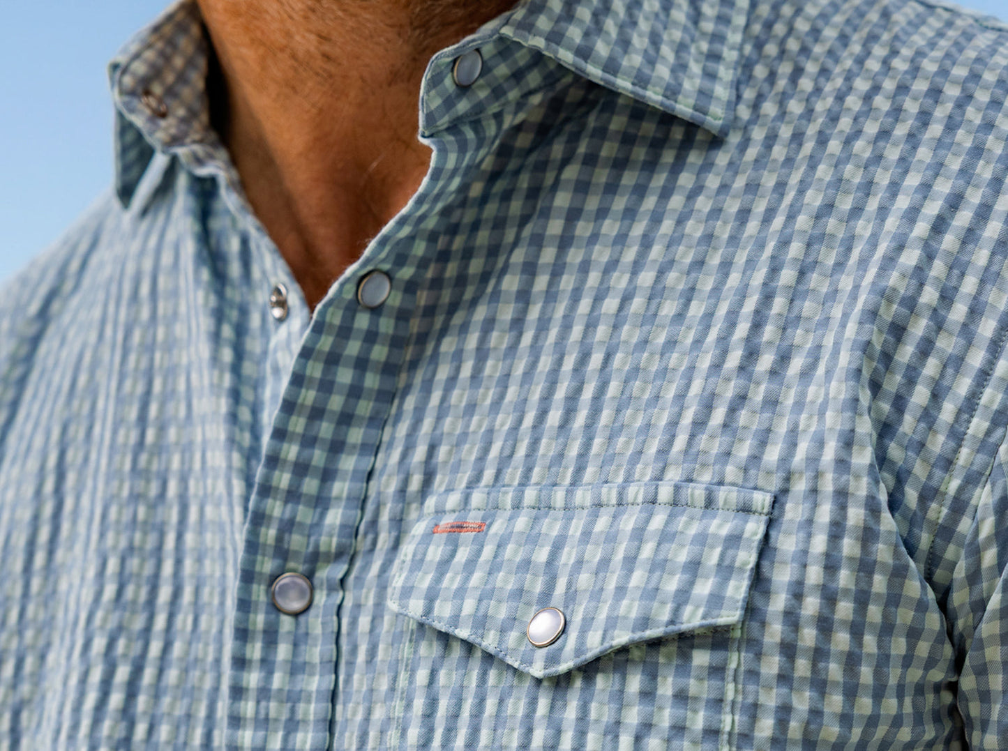 Criquet Gingham Seersucker Long Sleeve Performance Pearl Snap - Sky