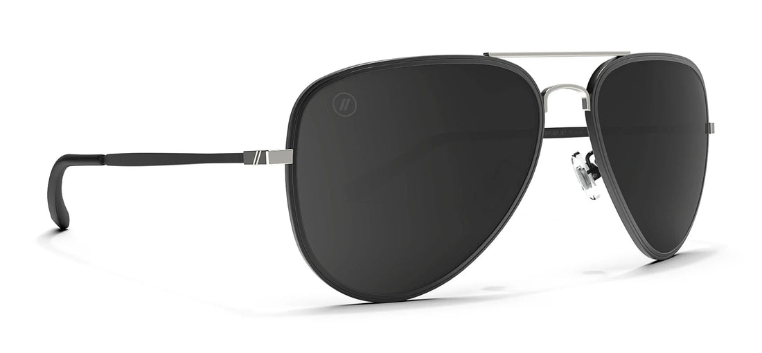 Black aviator sunglasses with sleek design, part of the Blenders A Series Sunglasses collection, named "Spider Jet".