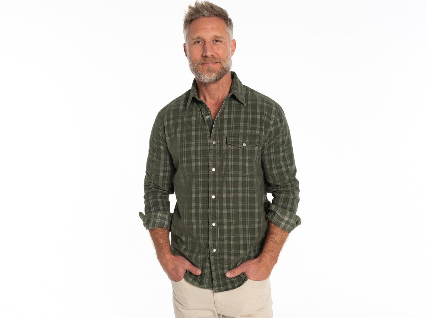 Criquet Corduroy Pearl Snap - Olive Plaid