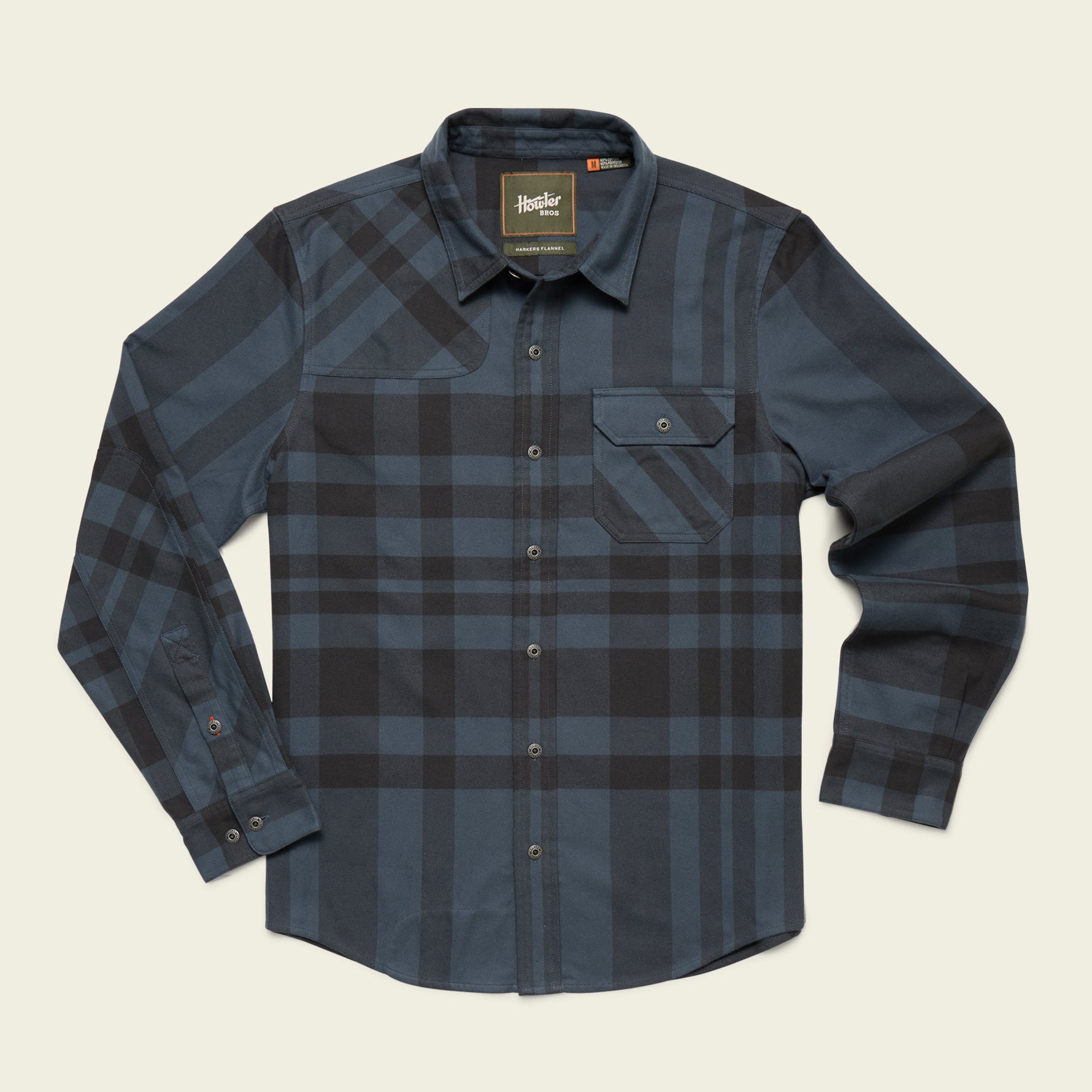 Howler Harker's Flannel in petrol with button flap pocket, elbow patches, and hunter's yoke