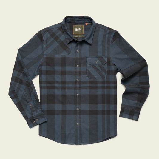 Howler Harker's Flannel in petrol with button flap pocket, elbow patches, and hunter's yoke