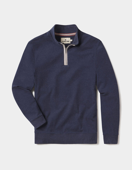 The Normal Brand Puremeso Weekend Quarter Zip pullover in navy with metal zipper and embroidered bear logo