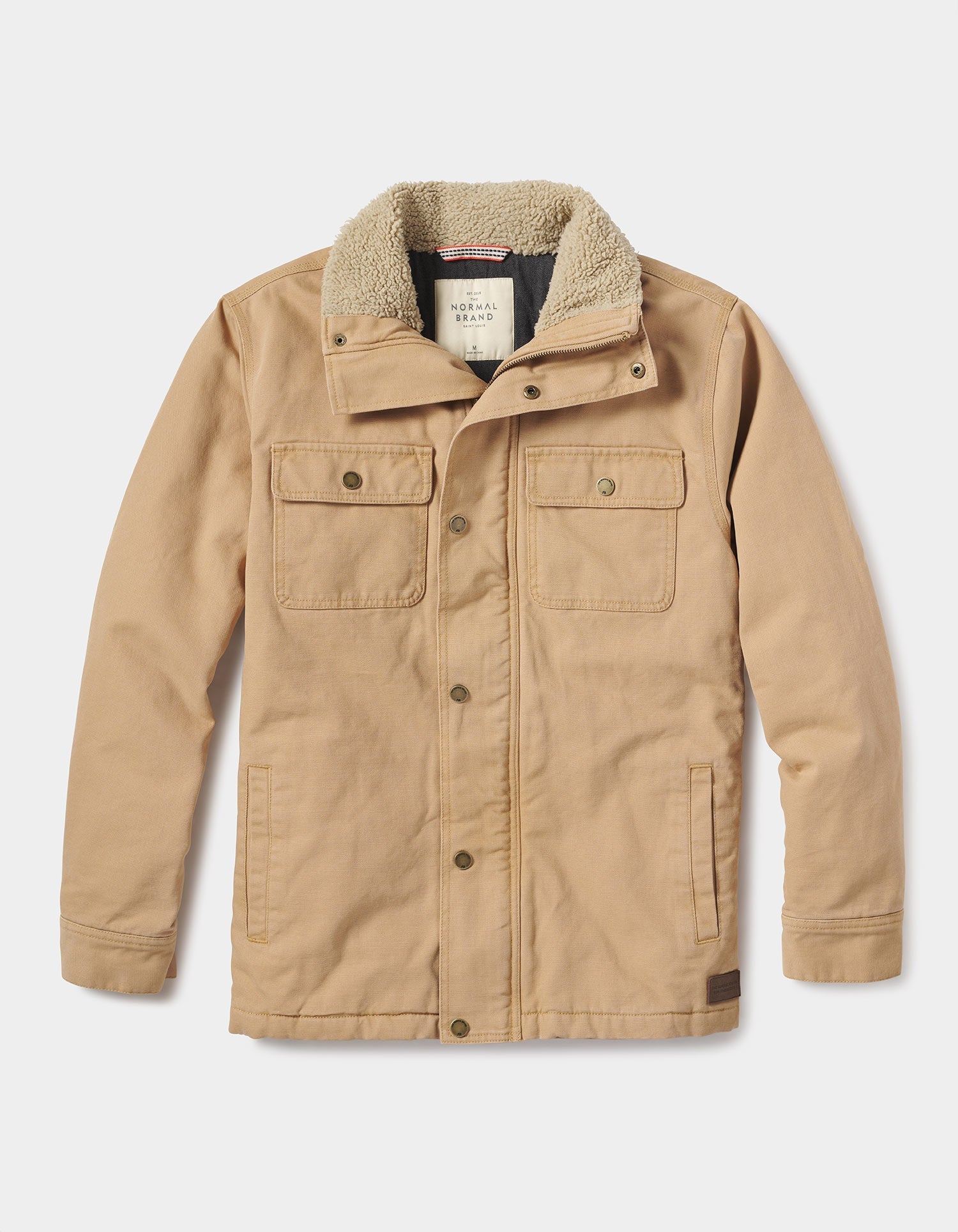 Tan jacket with sherpa lining on a white background