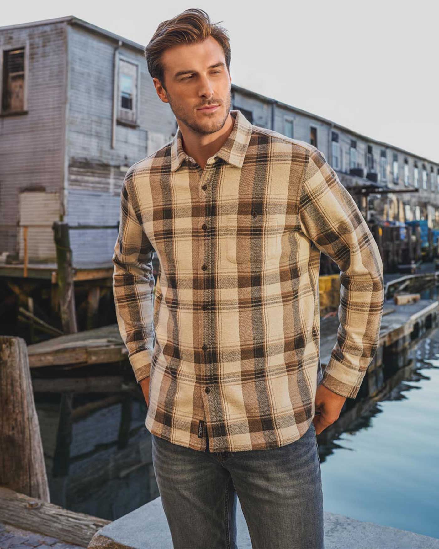 Flag and Anthem Hero Stretch Flannel Shirt - Cream/Charcoal
