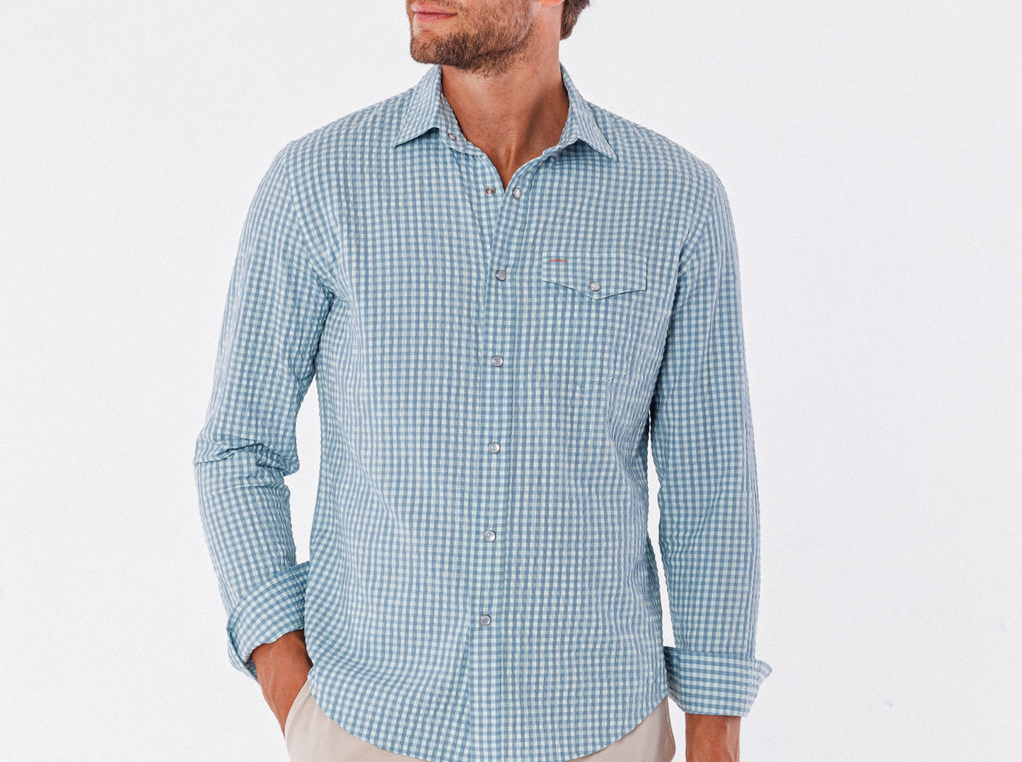 Criquet Gingham Seersucker Long Sleeve Performance Pearl Snap - Sky