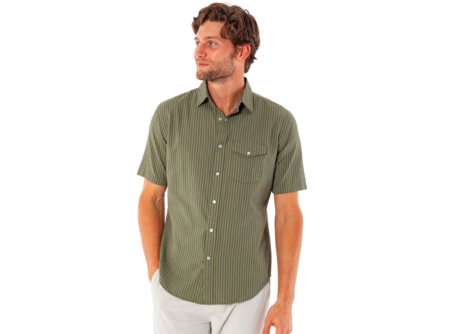 Criquet | Short Sleeve Performance Pearl Snap Seersucker | Olive