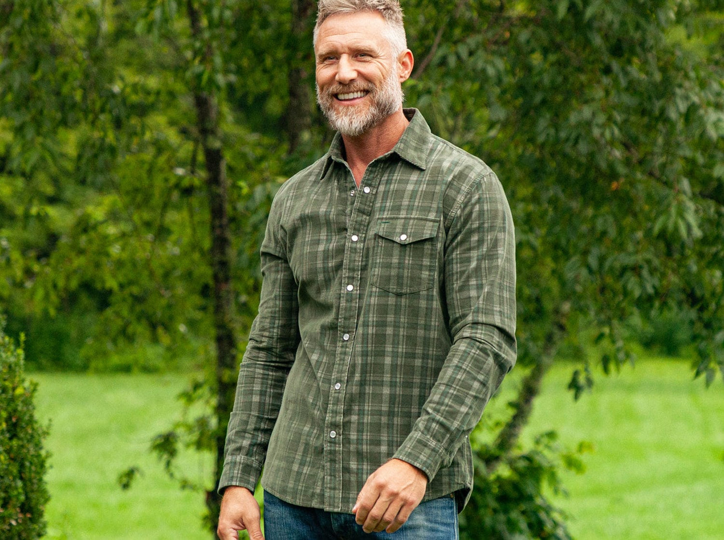 Criquet Corduroy Pearl Snap - Olive Plaid