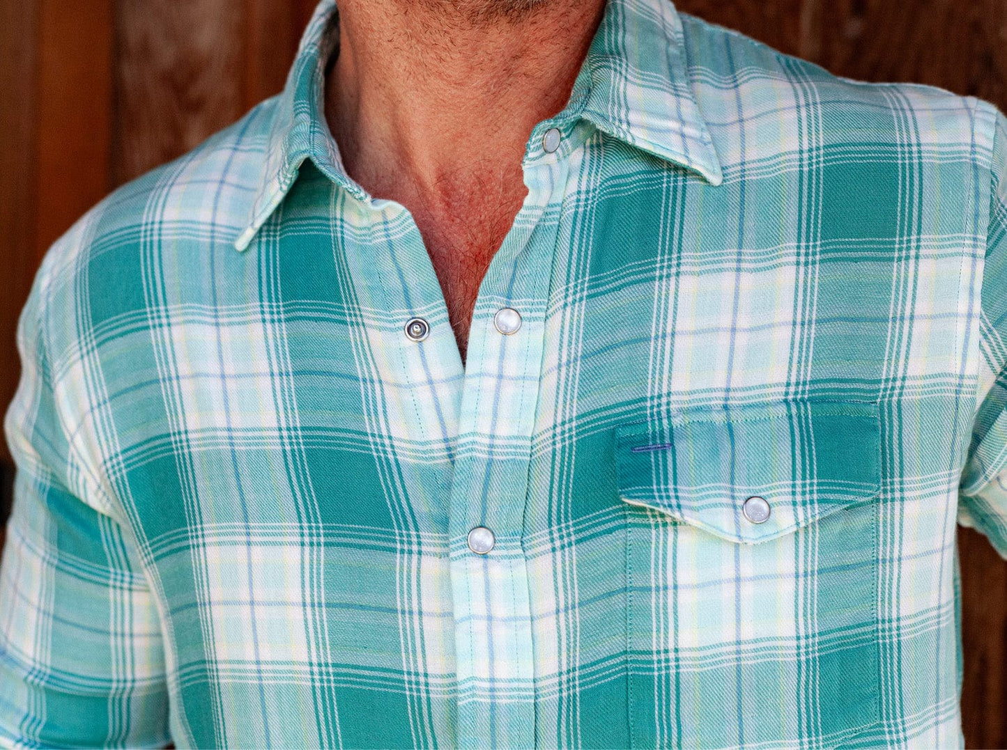 Criquet Double Cloth Flannel Pearl Snap - Jade