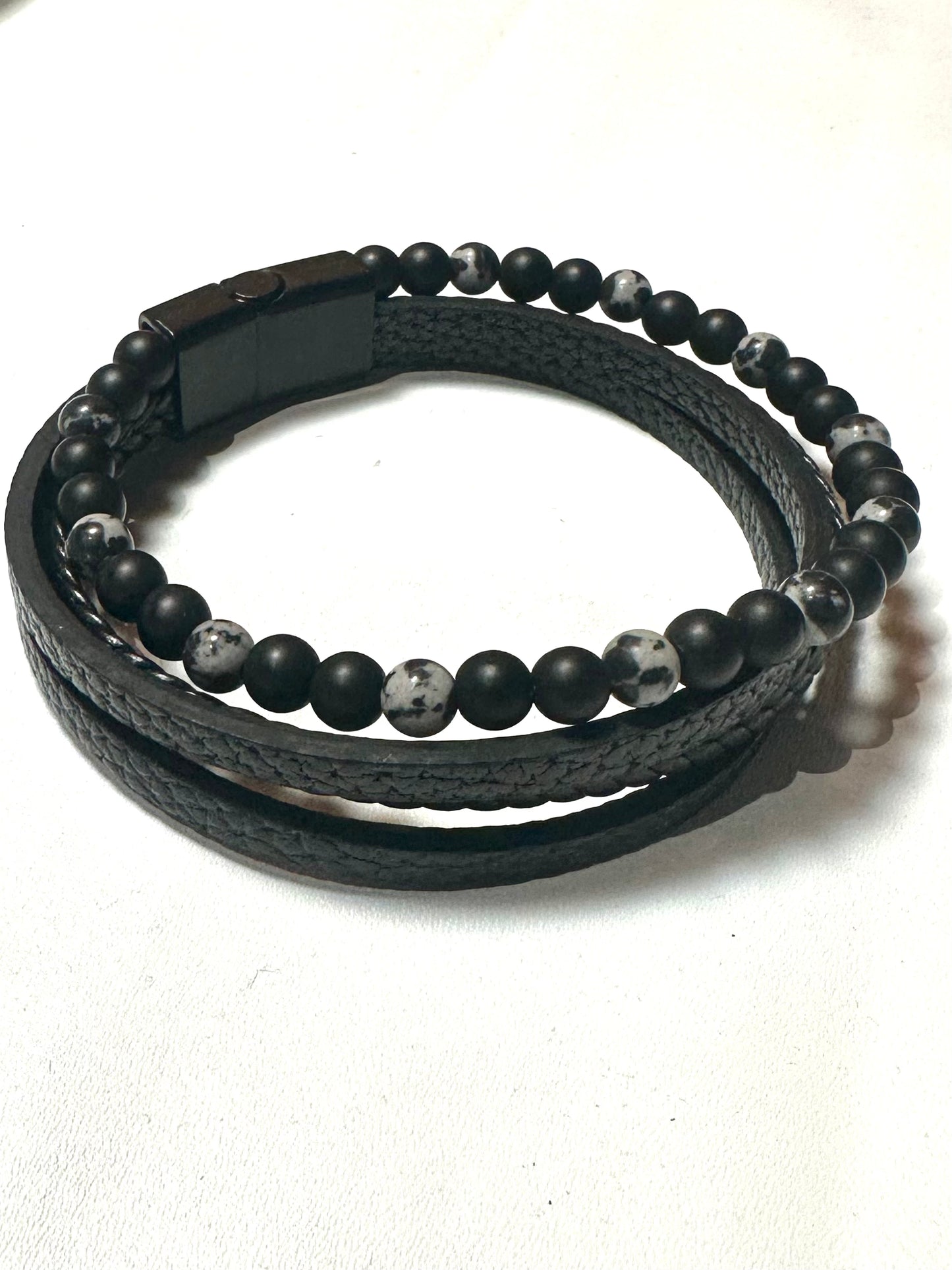 Gemstone Men's Leather Bracelets - Black Marble