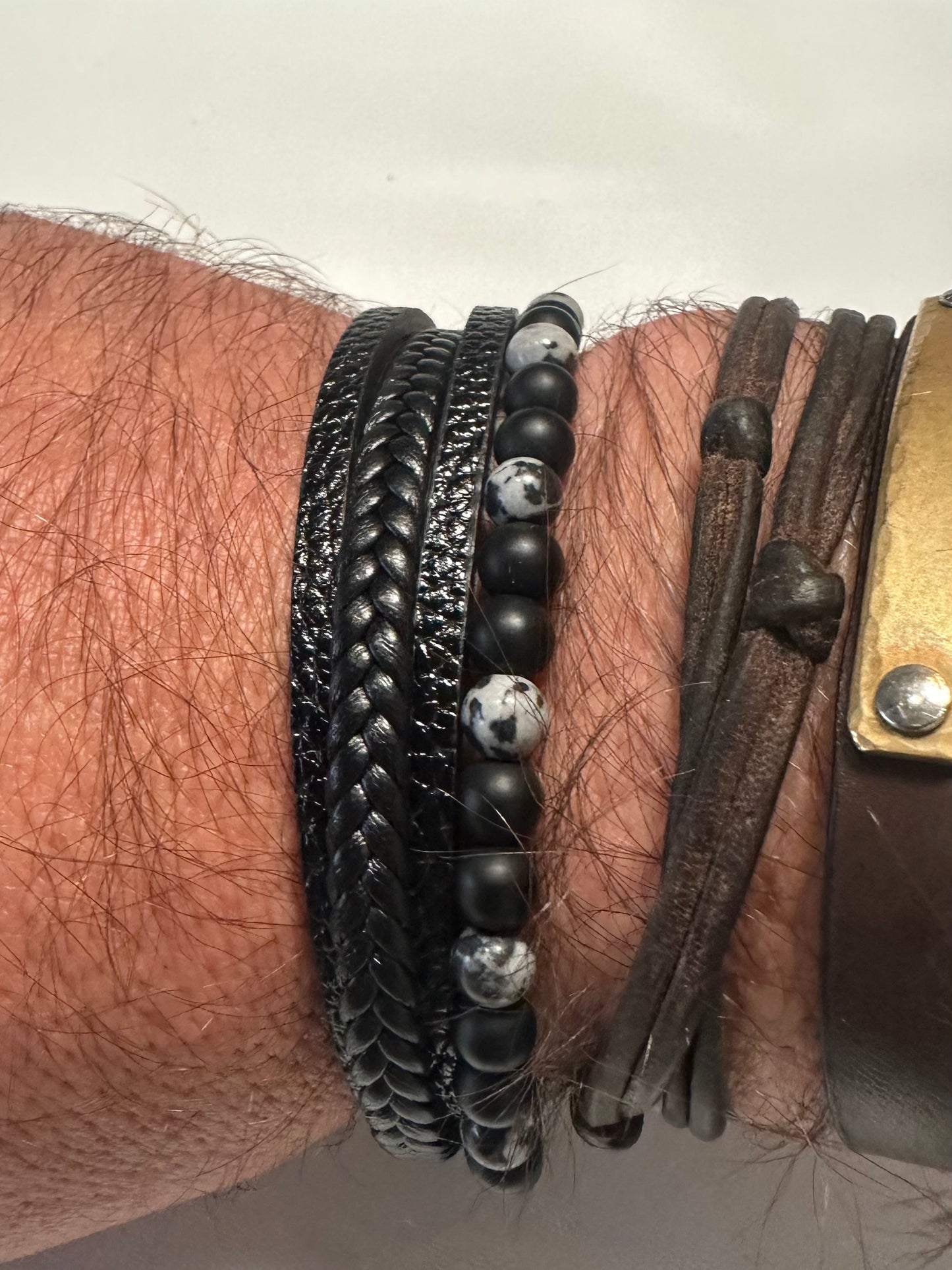 Gemstone Men's Leather Bracelets - Black Marble