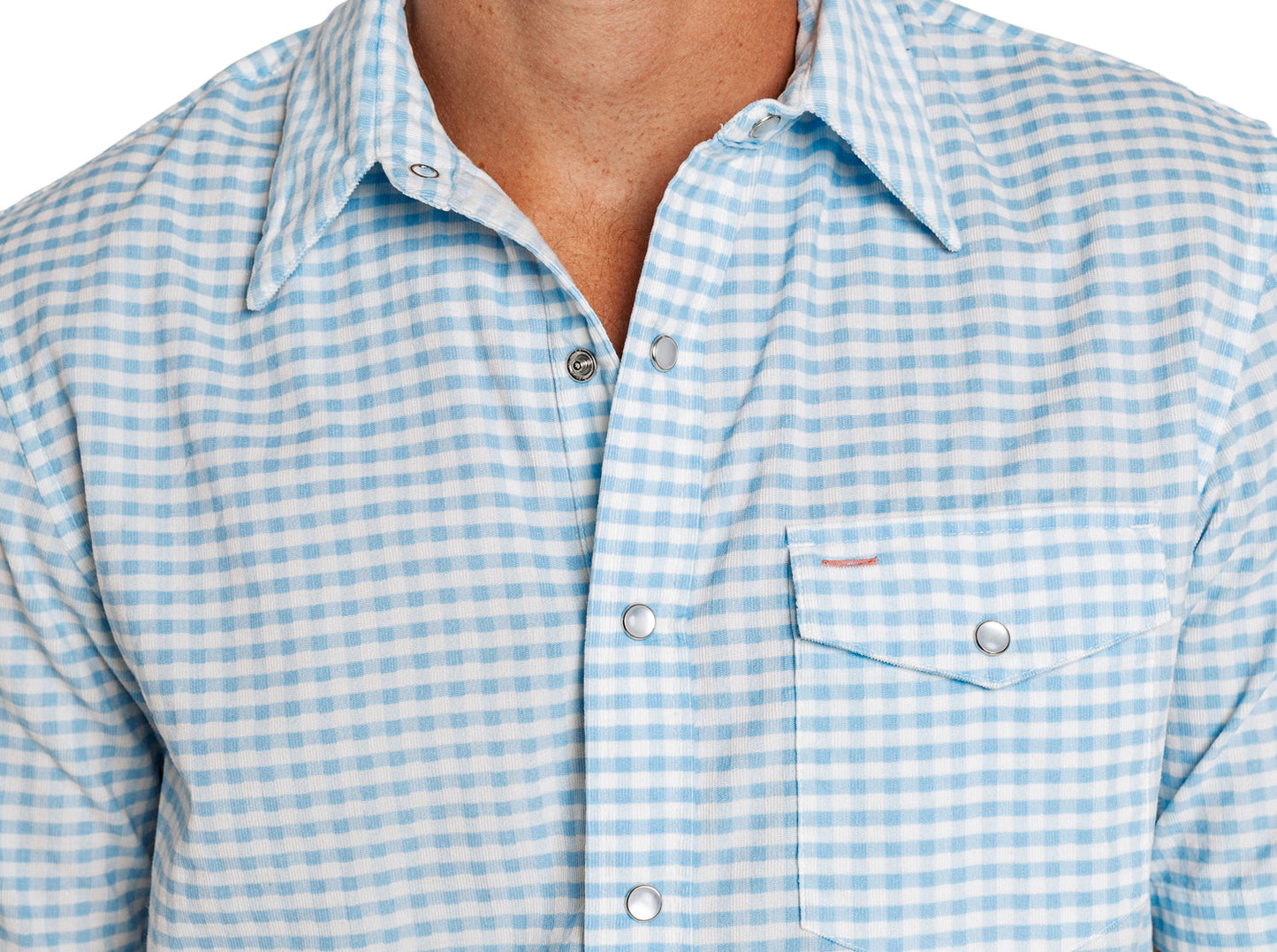 Criquet Corduroy Gingham Print Short Sleeve Pearl Snap - Sky