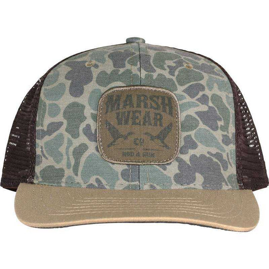 Green camo trucker hat with patch front logo and adjustable snapback closure.