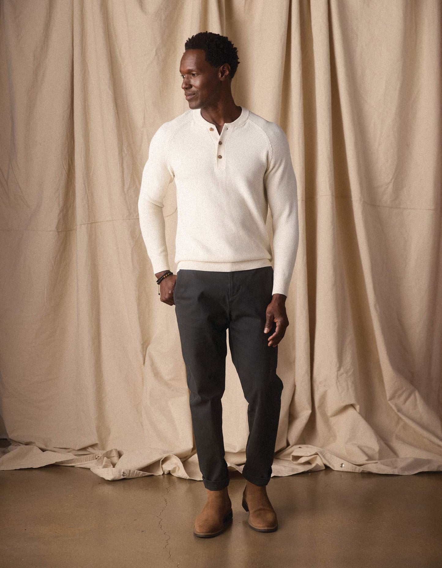 The Normal Brand COOLMAX® Textured Sweater Henley in Ivory
