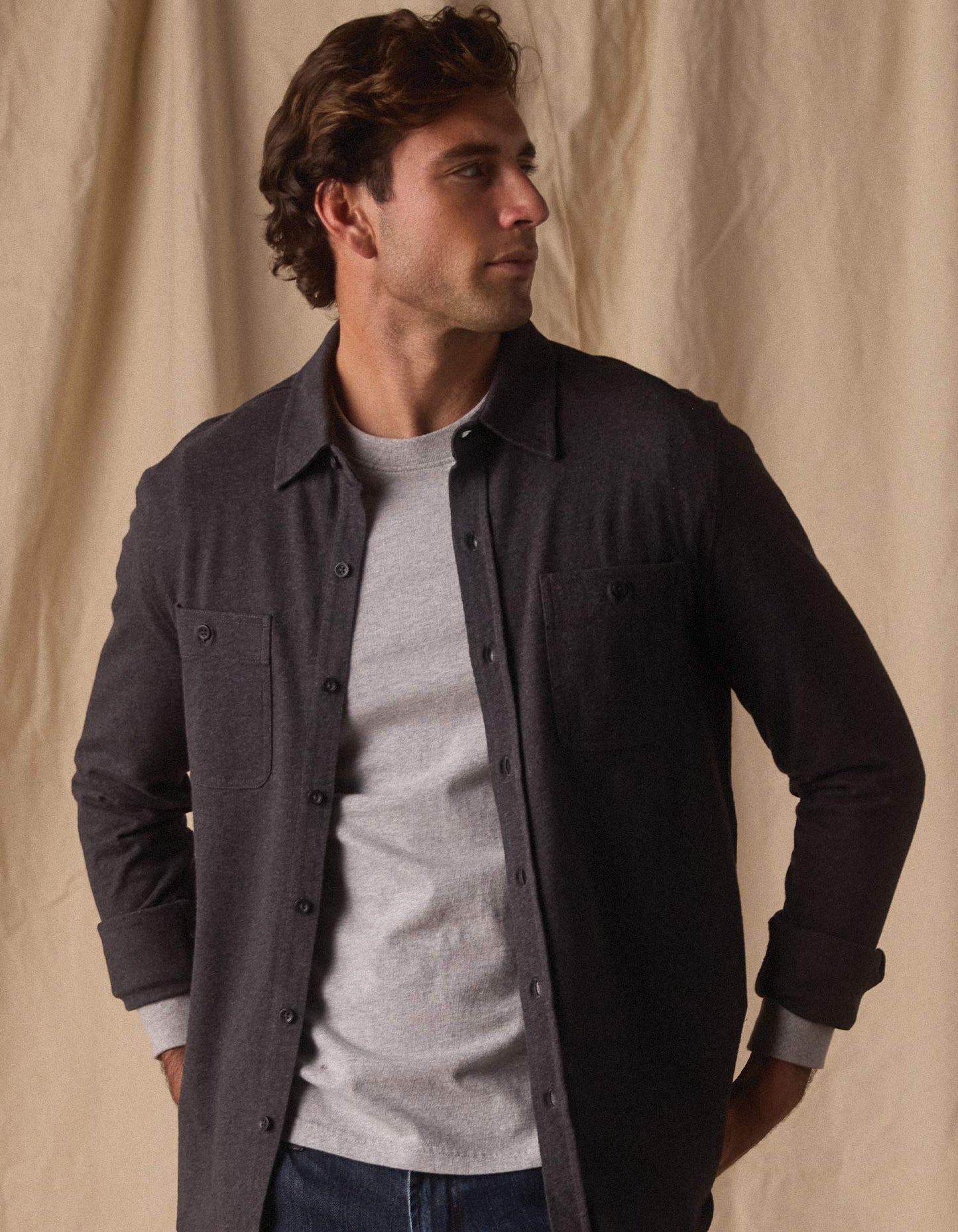 The Normal Brand Lennox Jersey Button Up in Heather Charcoal
