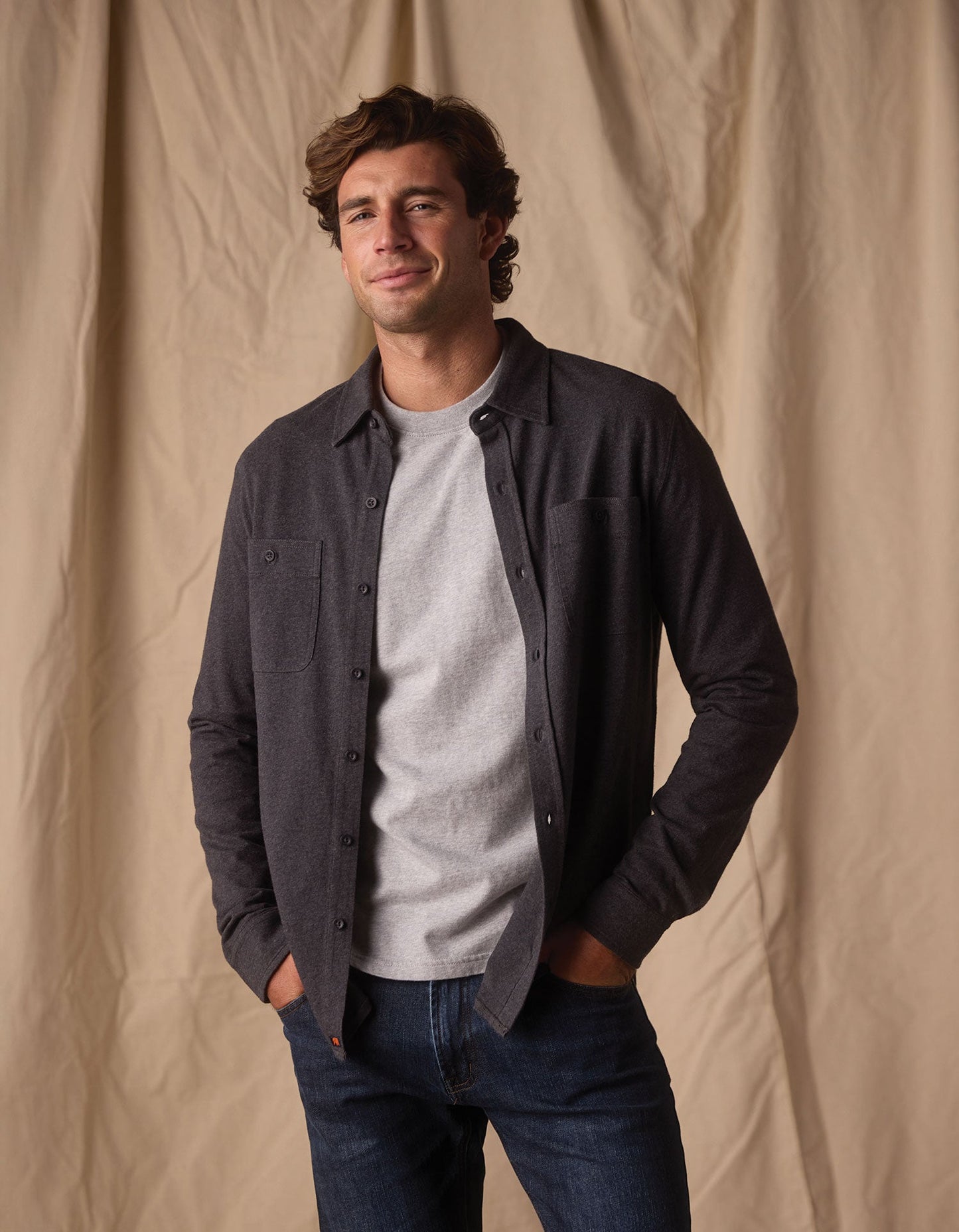 The Normal Brand Lennox Jersey Button Up in Heather Charcoal