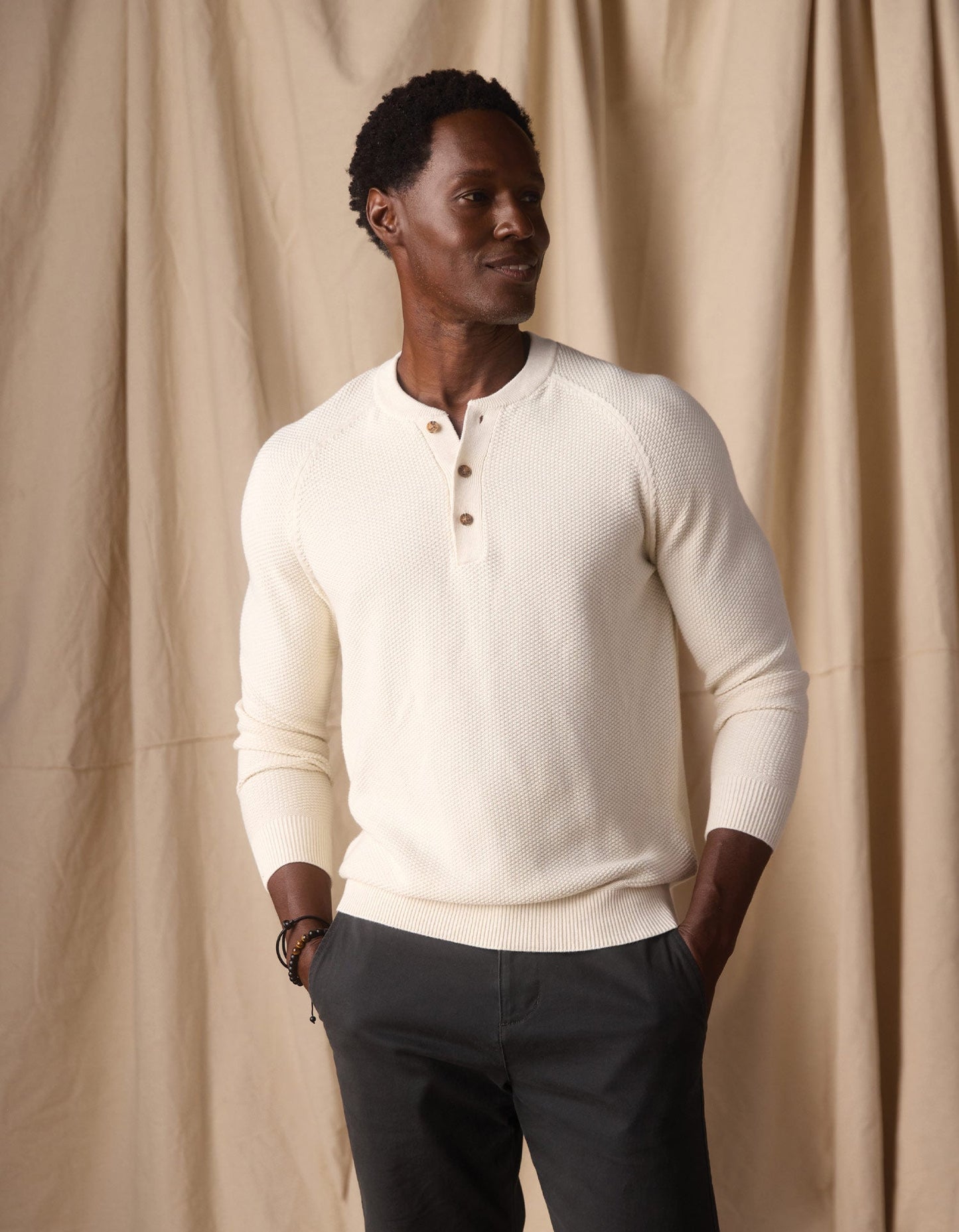 The Normal Brand COOLMAX® Textured Sweater Henley in Ivory