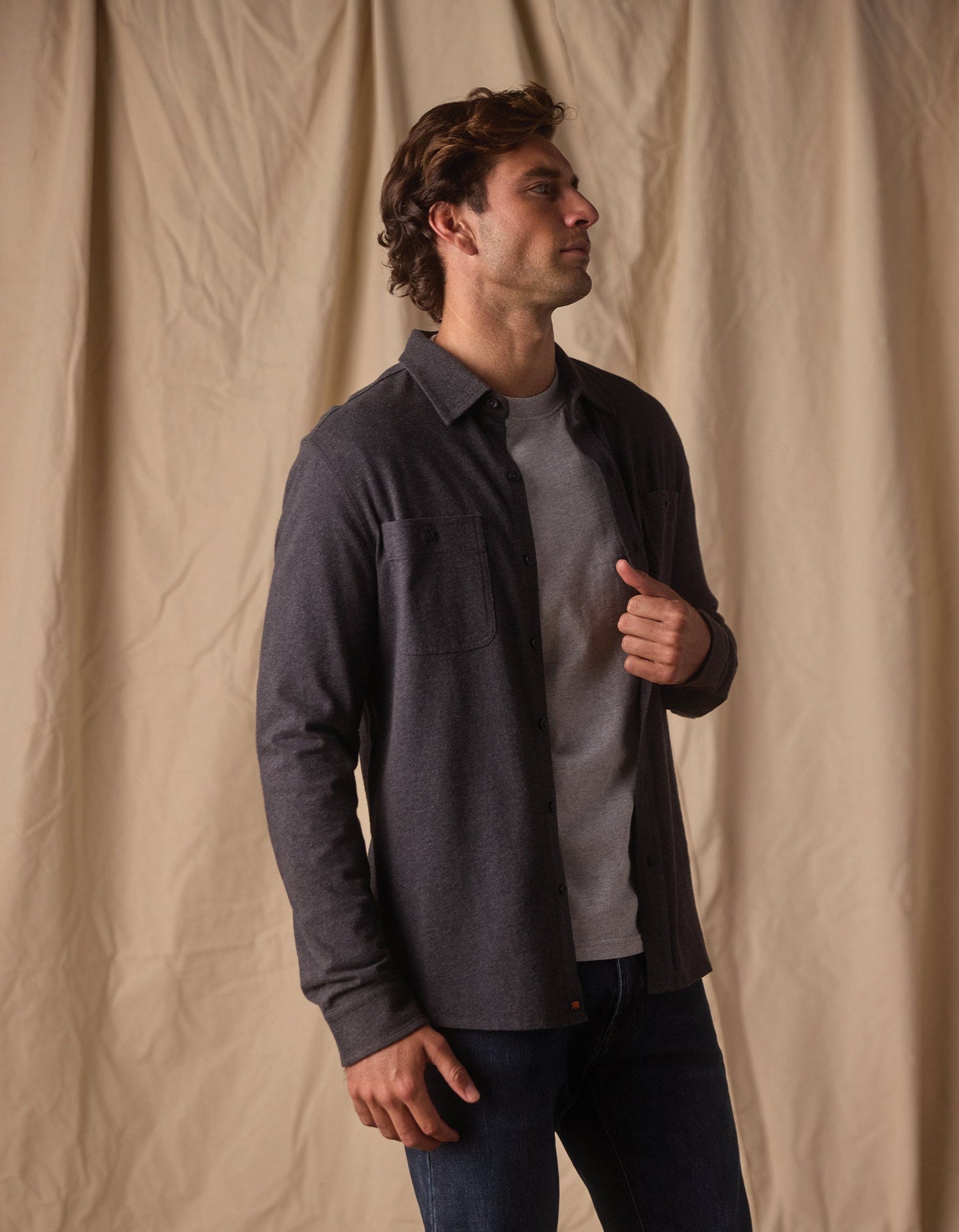 The Normal Brand Lennox Jersey Button Up in Heather Charcoal