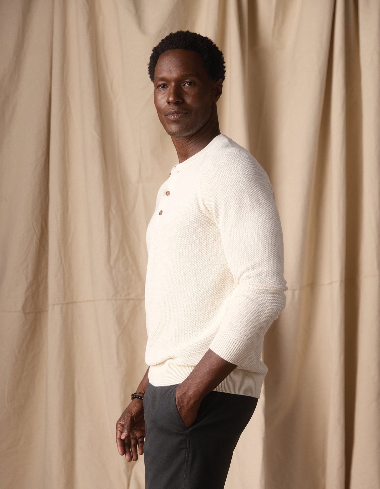 The Normal Brand COOLMAX® Textured Sweater Henley in Ivory