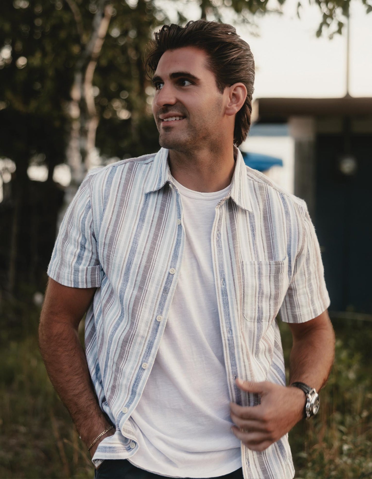 Freshwater Short Sleeve Button Up Shirt - Misty Harbor Stripe
