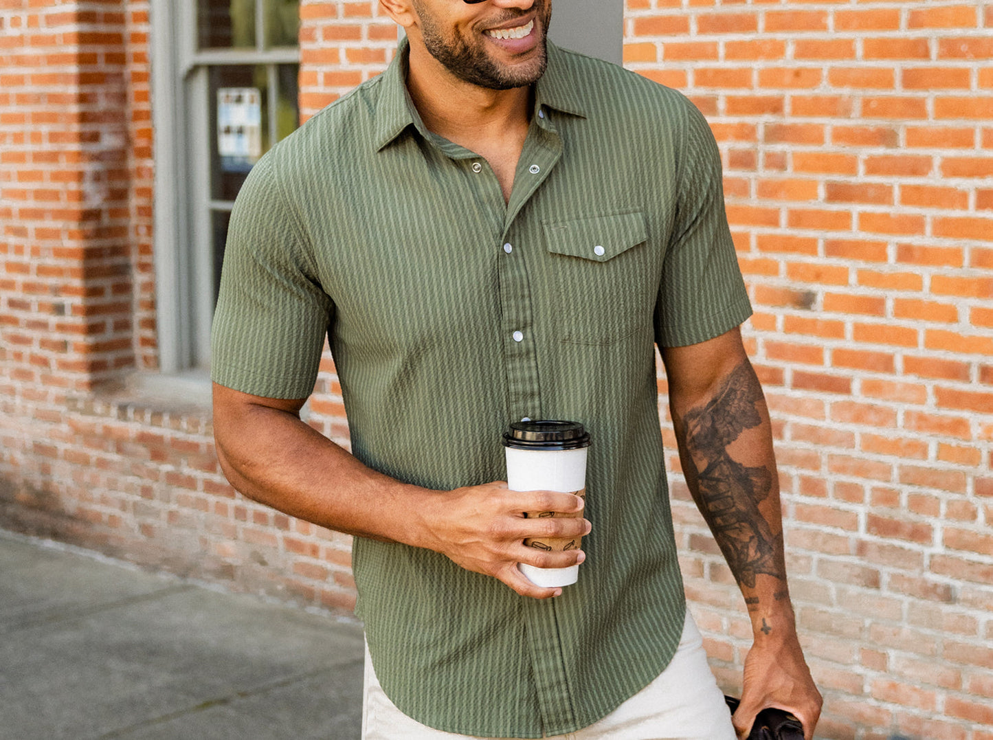 Criquet | Short Sleeve Performance Pearl Snap Seersucker | Olive