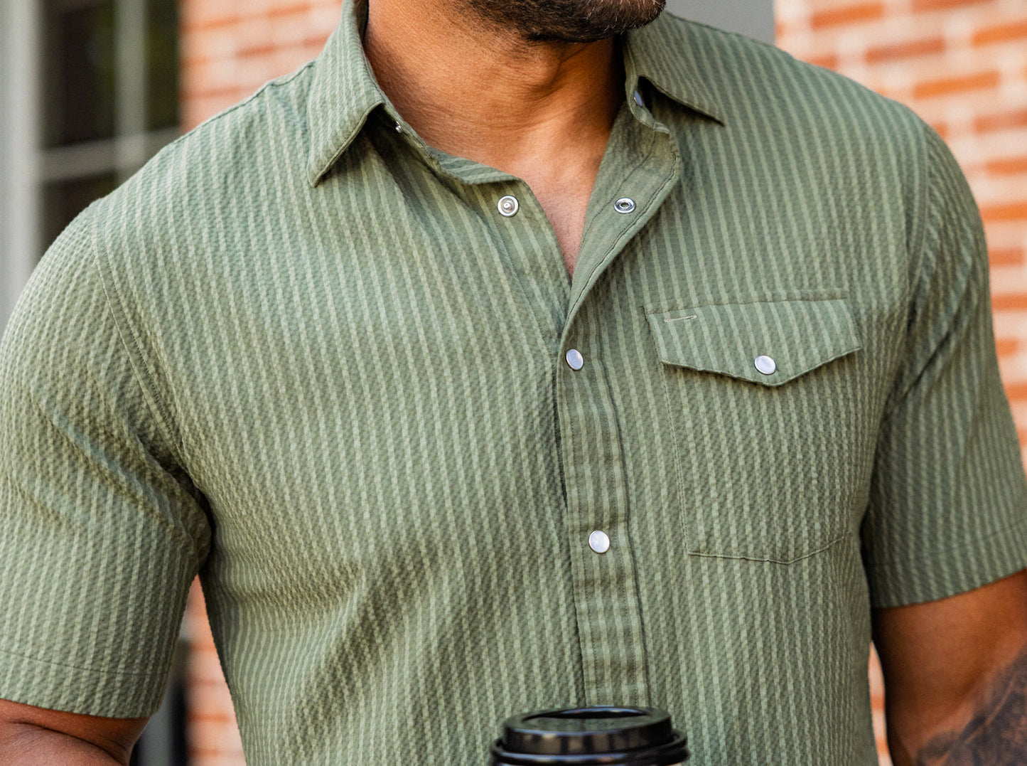 Criquet | Short Sleeve Performance Pearl Snap Seersucker | Olive