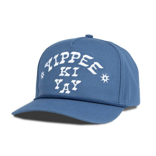 Blue Sendero Yippee Ki Yay Hat with embroidered design and structured 5-panel cotton twill construction