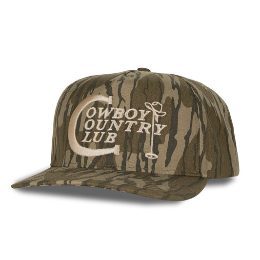 Sendero Cowboy Country Club camouflage snapback hat with embroidered patch and rope detail