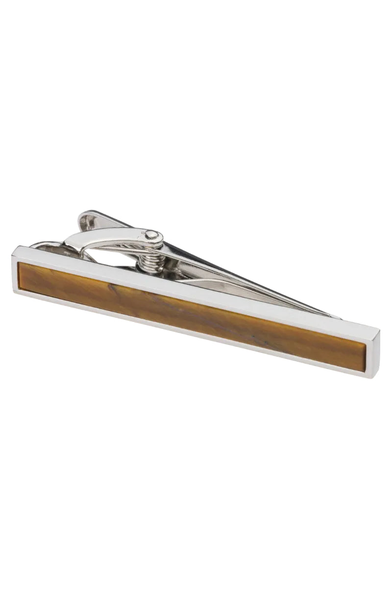 Tie Clip | Tiger Eye Bar | Silver & Amber