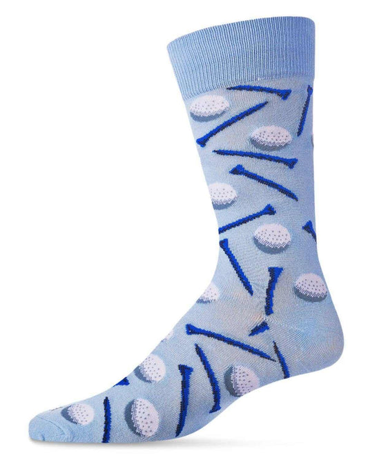 Light blue Golf Bamboo Blend crew sock with golf ball and club pattern, size 8-12, made from sustainable bamboo yarns for comfort and eco-friendliness.