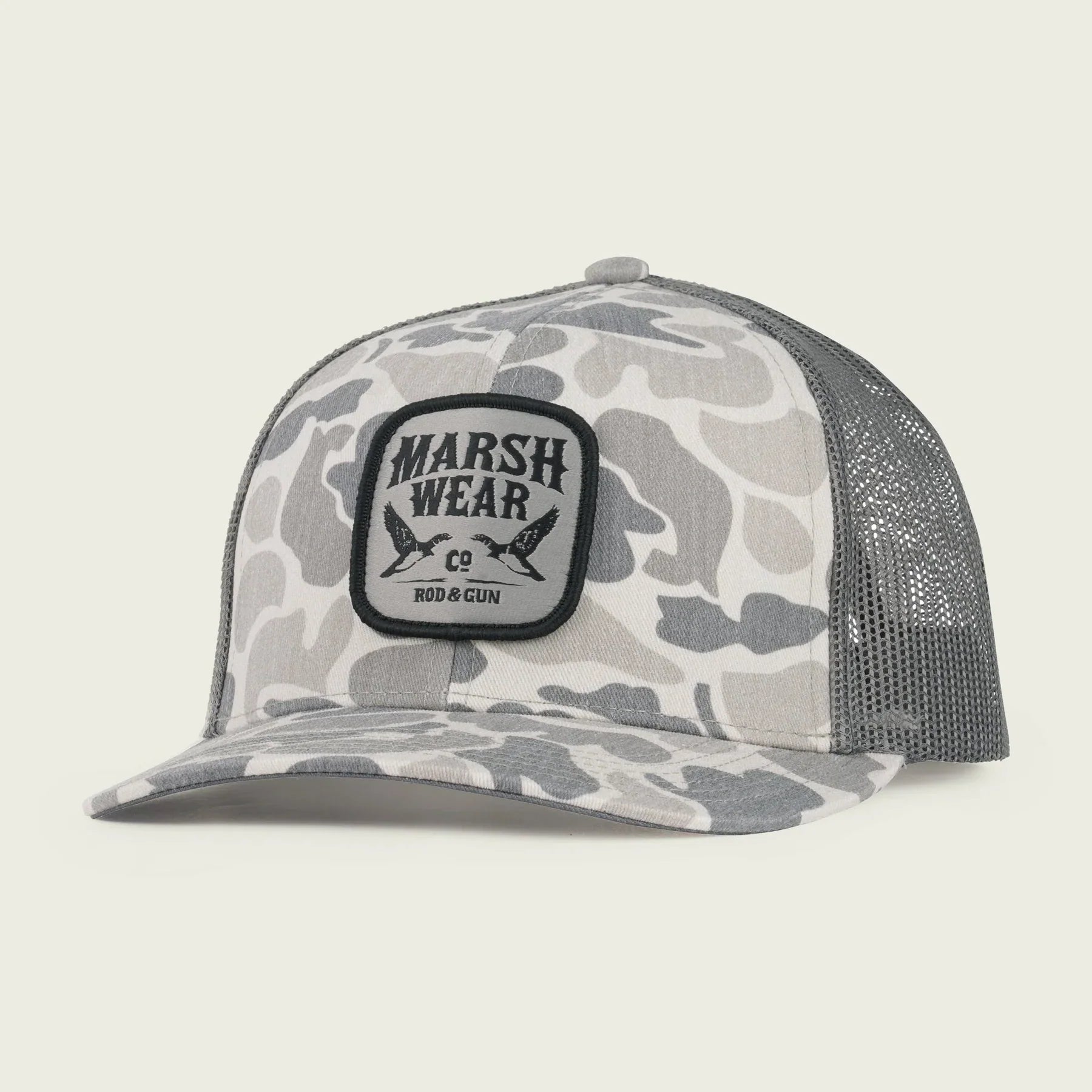 Marsh Wear Daffy Trucker Hat in Stone Mallard Camo with patch logo and adjustable snapback.