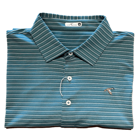 GenTeal Heron Performance Polo in blue with white stripes and embroidered Blue-winged Teal logo on left chest