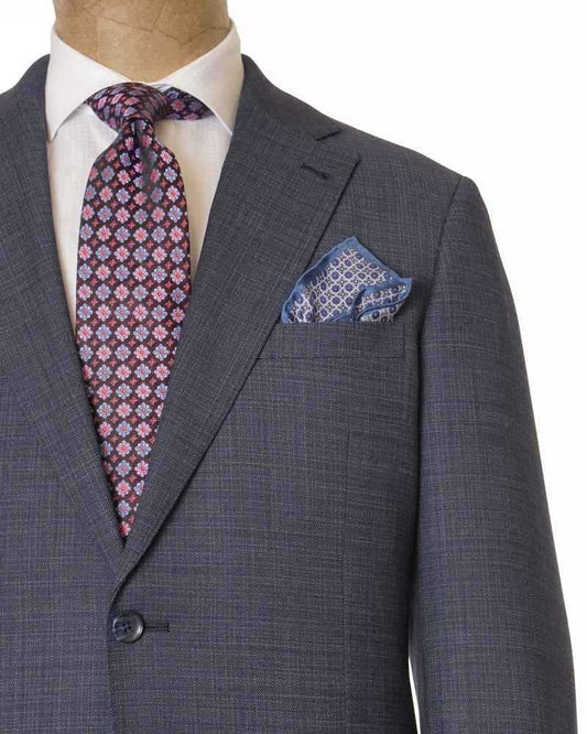 Navy Textured Solid wool-blend suit jacket with notch lapel, two-button front, patterned tie and pocket square