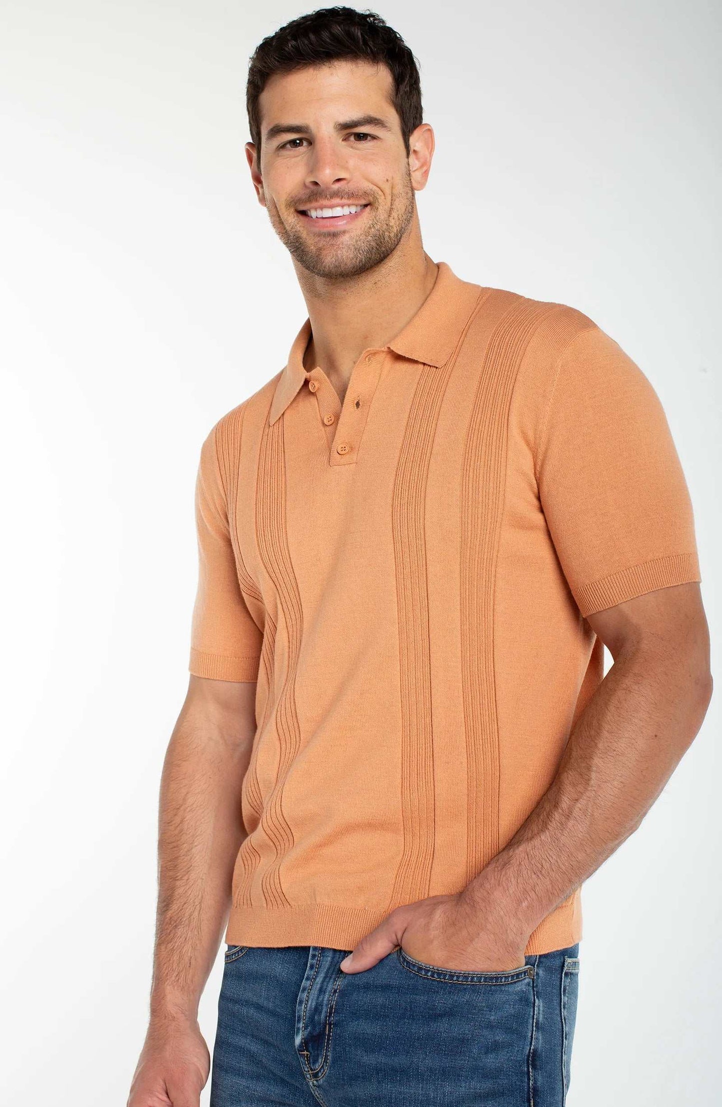 Liverpool Los Angeles clay sweater knit polo with button collar and ribbed hems