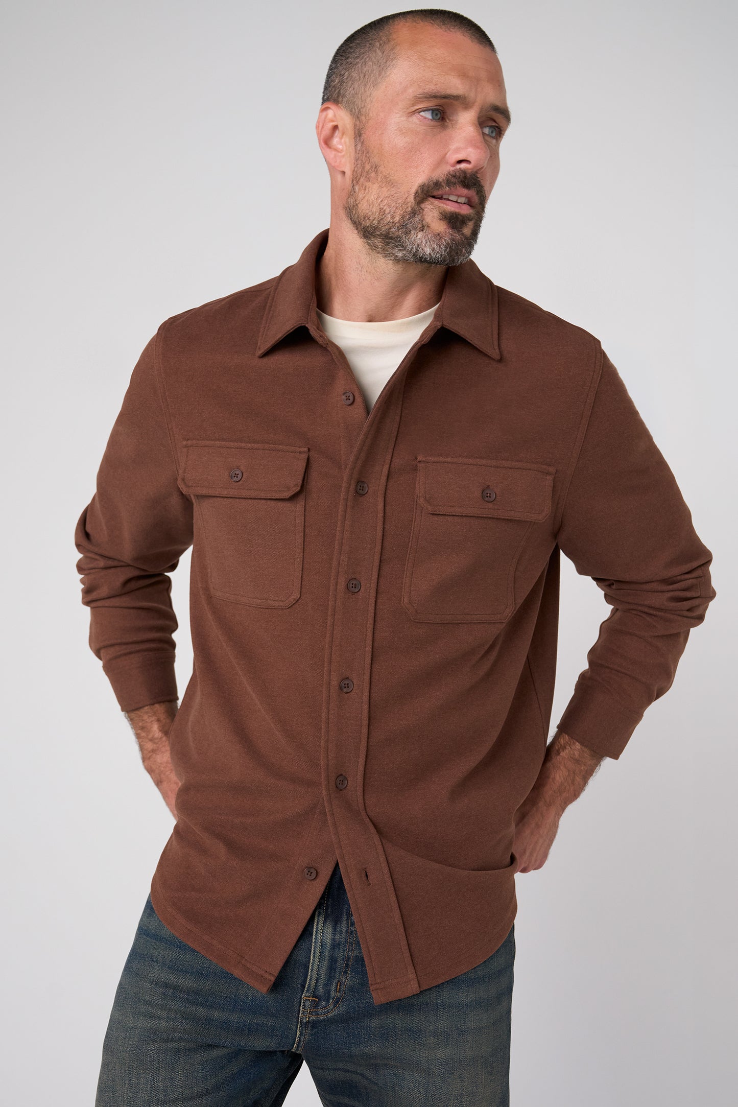 Liverpool Los Angeles | Knit Long Sleeve Button up Shirt | Chocolate Sauce