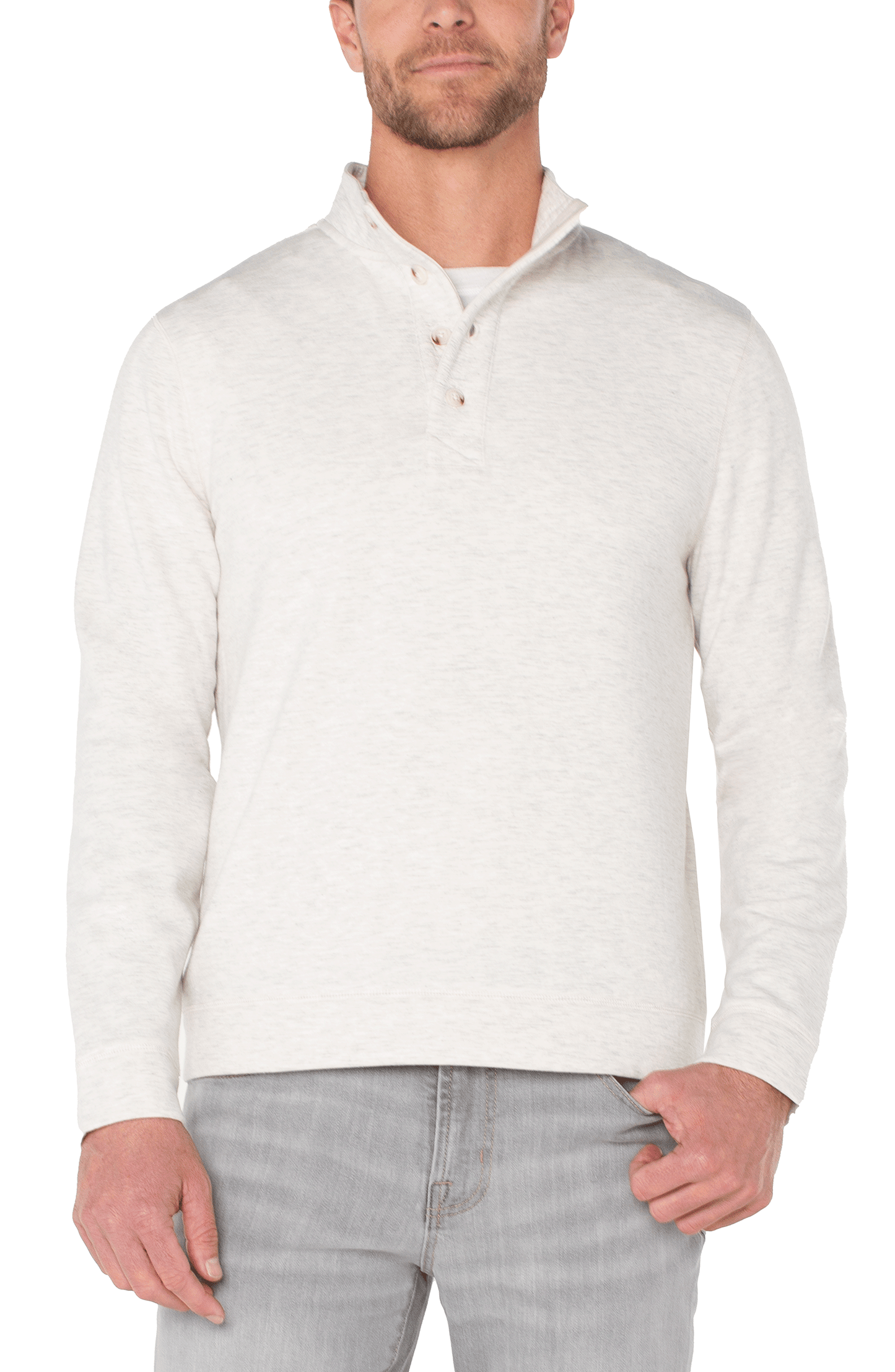 Liverpool Los Angeles Mock Neck Button Placket Pullover - Ivory/Grey